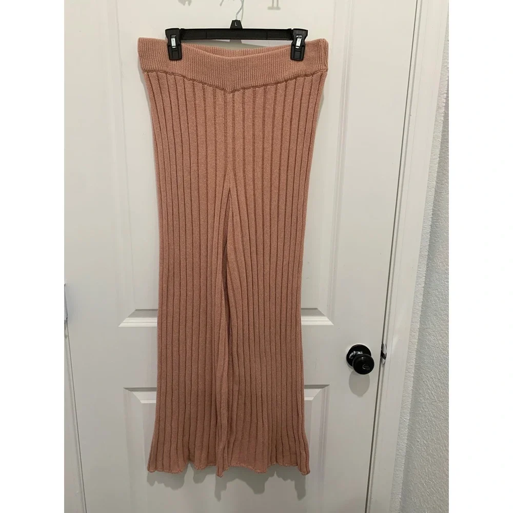 Free People Beach Rib Knit Wide Leg Pants Dusty Rose Pink XL Boho Loungewear